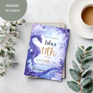 May include: A birthday invitation featuring a purple dragon design. The invitation text reads "Isla's 11th Birthday", with the date and time. The words "Editable in Canva" are in the top left corner.