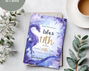Editable Dragon Birthday Invitation, Elegant Watercolor Fantasy Party Canva Template, Magical Printable Teen Young Adult Invite