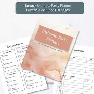 Free bonus 18-page Ultimate Party Planner printable included with retirement invitation purchase, showing cover page, master party checklist and shopping list pages