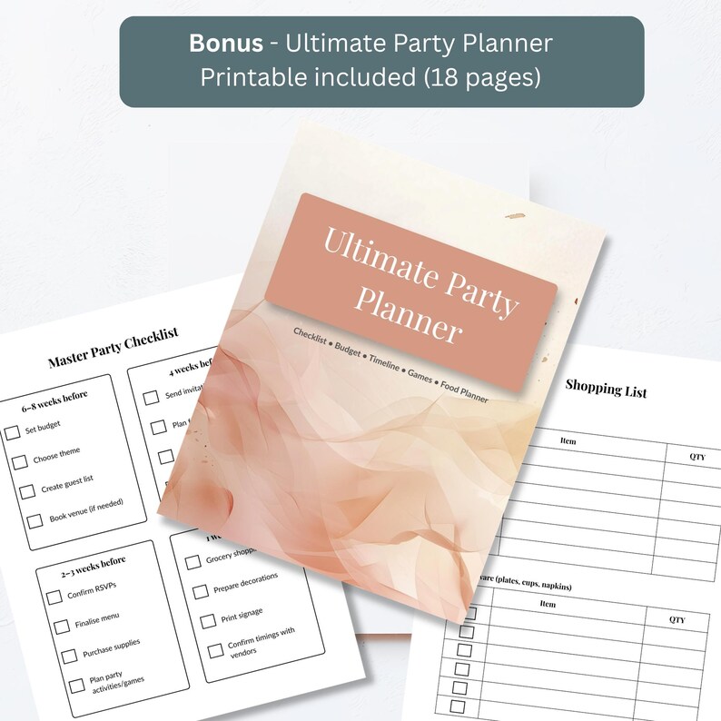 Free bonus 18-page Ultimate Party Planner printable included with retirement invitation purchase, showing cover page, master party checklist and shopping list pages