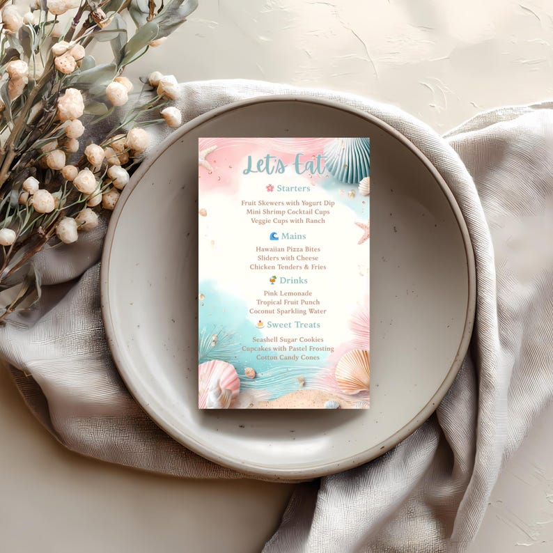May include: A menu card with a beach theme, featuring pastel pink and blue watercolor backgrounds and seashell illustrations. The menu lists starters, mains, drinks, and sweet treats. The text "Let's Eat" is at the top.