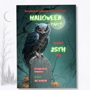 Halloween party invitation flat lay, zombie owl skeleton horror art on tombstone, editable gothic Canva template printable 5x7 digital invite