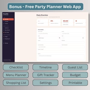 Free bonus digital party planner web app with dashboard, checklist, guest list, budget, and menu planner tools