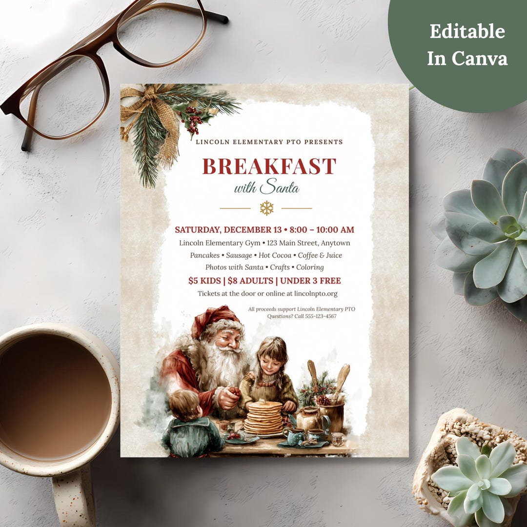 Breakfast with Santa flyer template for a school PTO fundraiser, editable in Canva