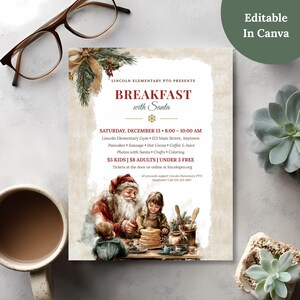 Breakfast with Santa flyer template for a school PTO fundraiser, editable in Canva, with Santa sharing pancakes with children