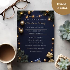 Navy and gold company Christmas party invitation editable in Canva, shown on a desk with glasses and coffee, ready to customize for your work holiday party