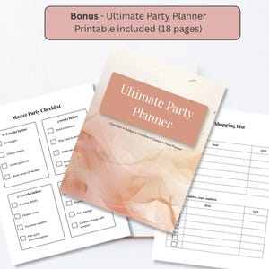 Bonus 18-page printable party planner included with black and blush birthday invitation template, checklist and shopping list pages shown