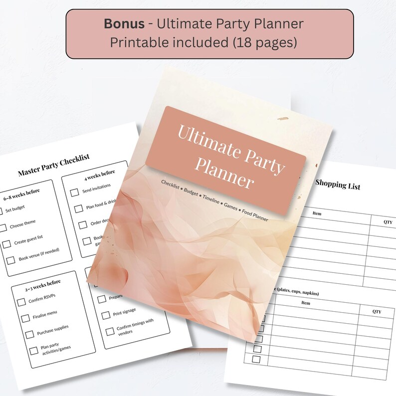 Bonus 18-page printable party planner included with black and blush birthday invitation template, checklist and shopping list pages shown