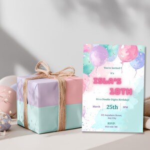 10th birthday party invitation with gift, pastel balloon editable Canva template for girls