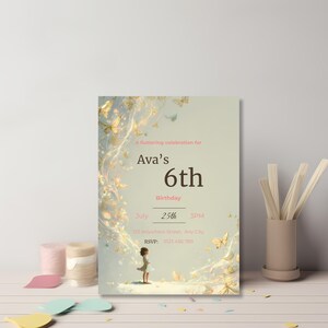 Pastel butterfly birthday party invitation editable template for girls featuring magical butterflies and storybook illustration style