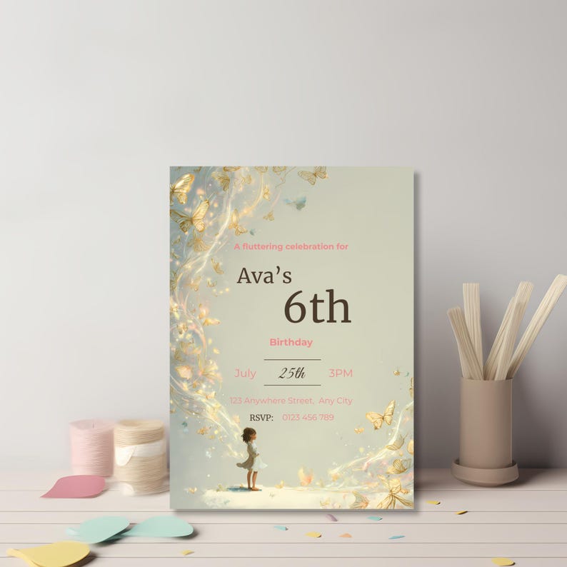 Pastel butterfly birthday party invitation editable template for girls featuring magical butterflies and storybook illustration style