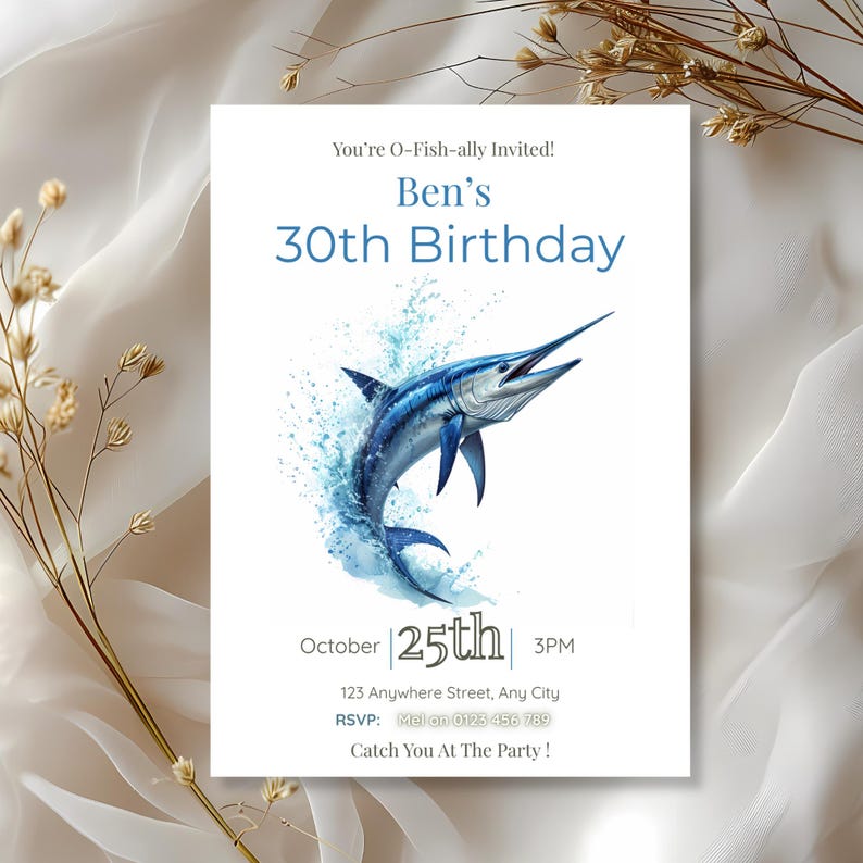 Blue marlin fishing invitation design, bold ocean birthday invite for men, editable printable invitation template