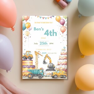 Construction birthday invitation with cute trucks building a birthday cake, editable Canva kids construction party invite