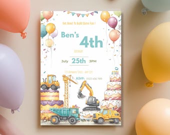 Construction Birthday Invitation Editable Canva Template, Digger Truck Birthday Party Invite, Kids Construction Party Invitation, Printable
