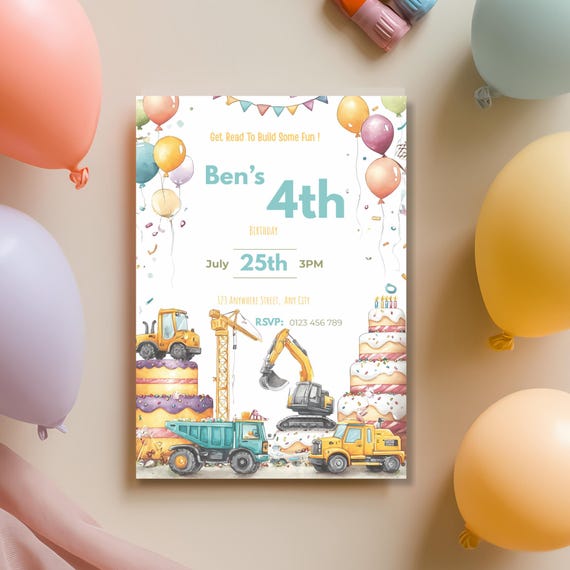 Digger Truck Construction Birthday Invitation