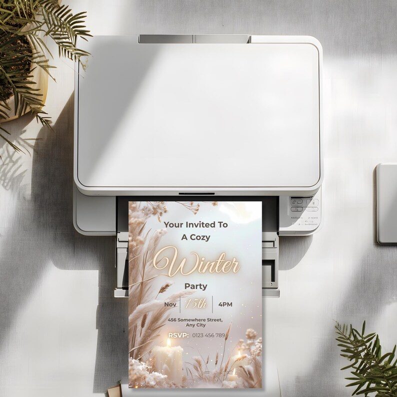 Neutral boho winter invitation template printing at home on a standard inkjet printer
