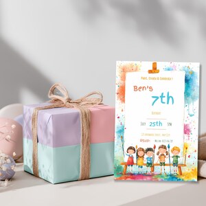 Personalized paint party invite for children, Canva editable, colorful and playful design