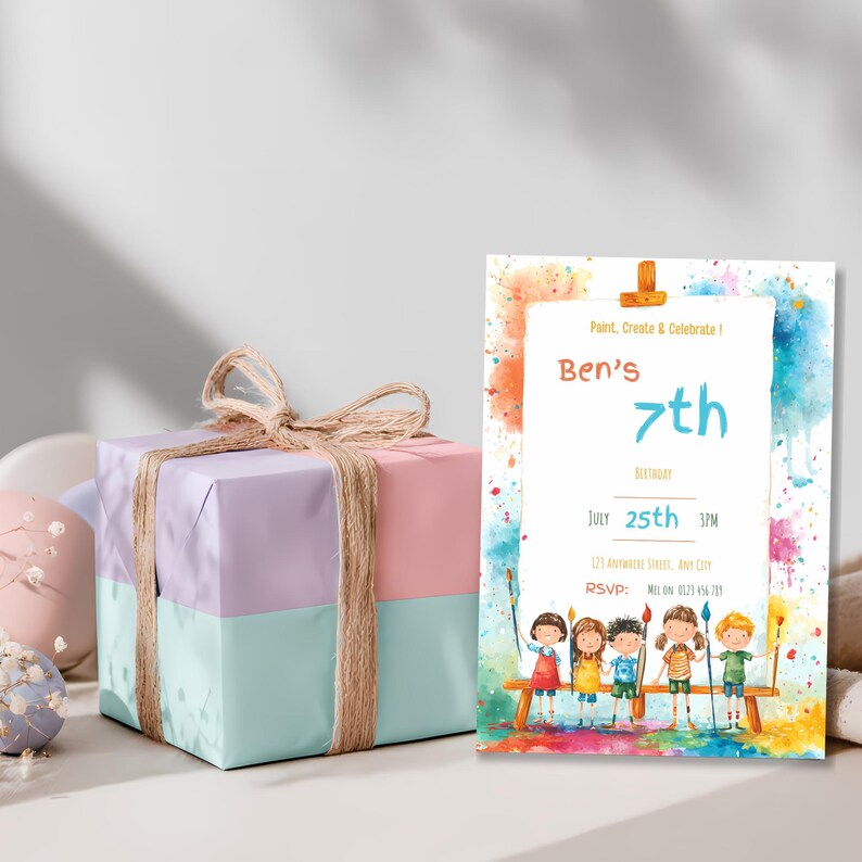 Personalized paint party invite for children, Canva editable, colorful and playful design