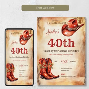 Cowboy Christmas birthday invitation shown as a phone evite and a 5x7 printable card, so you can text it to guests or print it