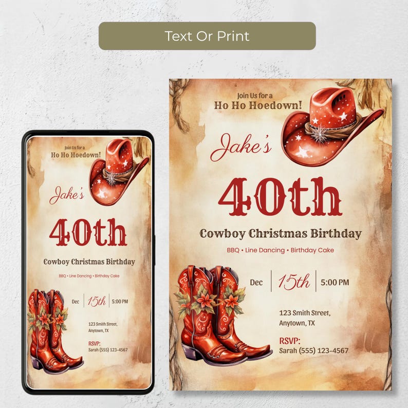 Cowboy Christmas birthday invitation shown as a phone evite and a 5x7 printable card, so you can text it to guests or print it