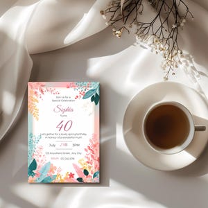 Editable Canva birthday invitation for mom with pastel floral frame and minimal elegant layout for easy personalisation