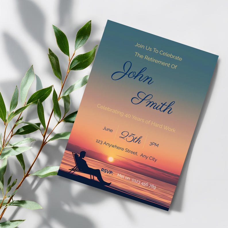 Beach sunset retirement invitation leaning at an angle against a white wall with green eucalyptus leaves, elegant mens retirement party invite, editable Canva template printable