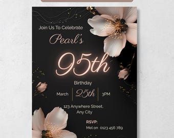 95th Birthday Party Invitation Template, Editable Canva Invite, Dark Floral Printable 95th Birthday Invitation for Woman, Instant Download