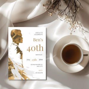 Full mens birthday invitation template layout with minimalist gold artwork and clearly structured event details