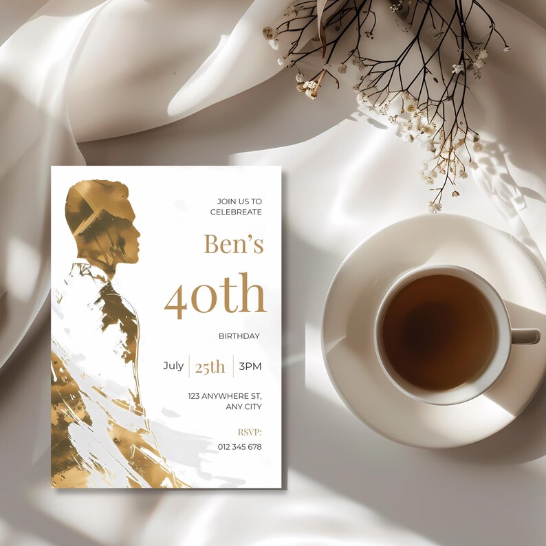 Full mens birthday invitation template layout with minimalist gold artwork and clearly structured event details