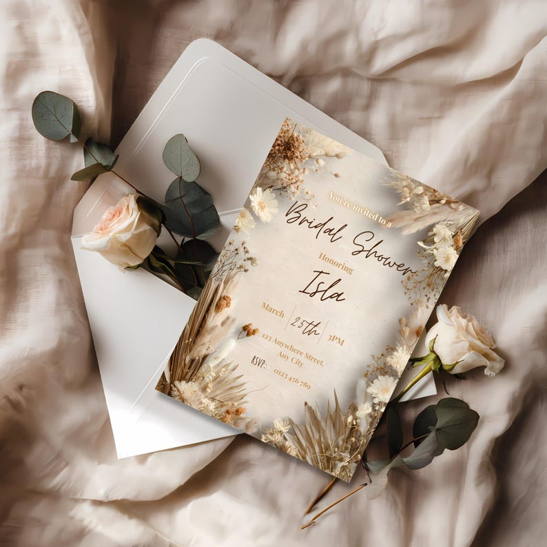 Neutral beige boho bridal shower invitation template with pampas floral elements and modern minimalist layout, editable in Canva