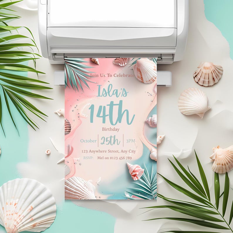 May include: A printed birthday invitation with a beach theme. The invitation reads "Isla's 14th Birthday" with the date and time. The design includes seashells, palm fronds, and a pastel color scheme of pink and blue.