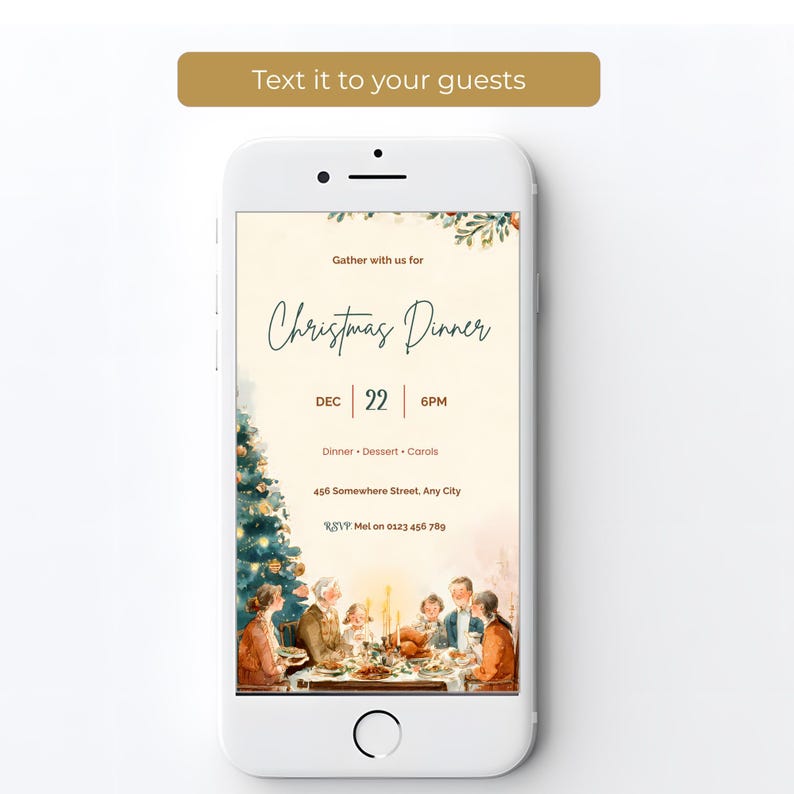 Christmas dinner evite on a smartphone screen, ready to text to family and friends