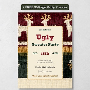 Ugly sweater party invitation with a cozy red, green and cream Fair Isle knit reindeer design, with the text + FREE 18-page party planner. Editable Canva template.