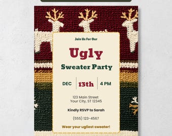Ugly Sweater Party Invitation Template, Editable Canva Ugly Christmas Sweater Invite with Free Party Planner, Printable & Digital