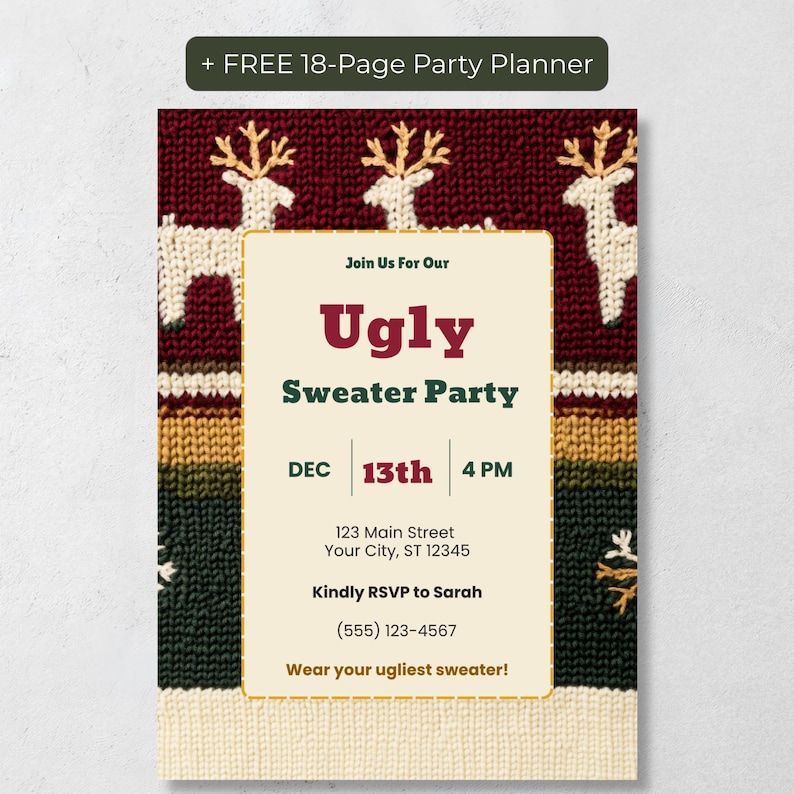Ugly sweater party invitation with a Fair Isle knit reindeer design for National Ugly Christmas Sweater Day