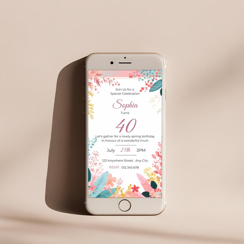 Spring floral birthday invitation template displayed on a mobile phone, editable Canva invite with soft pastel floral border and elegant layout
