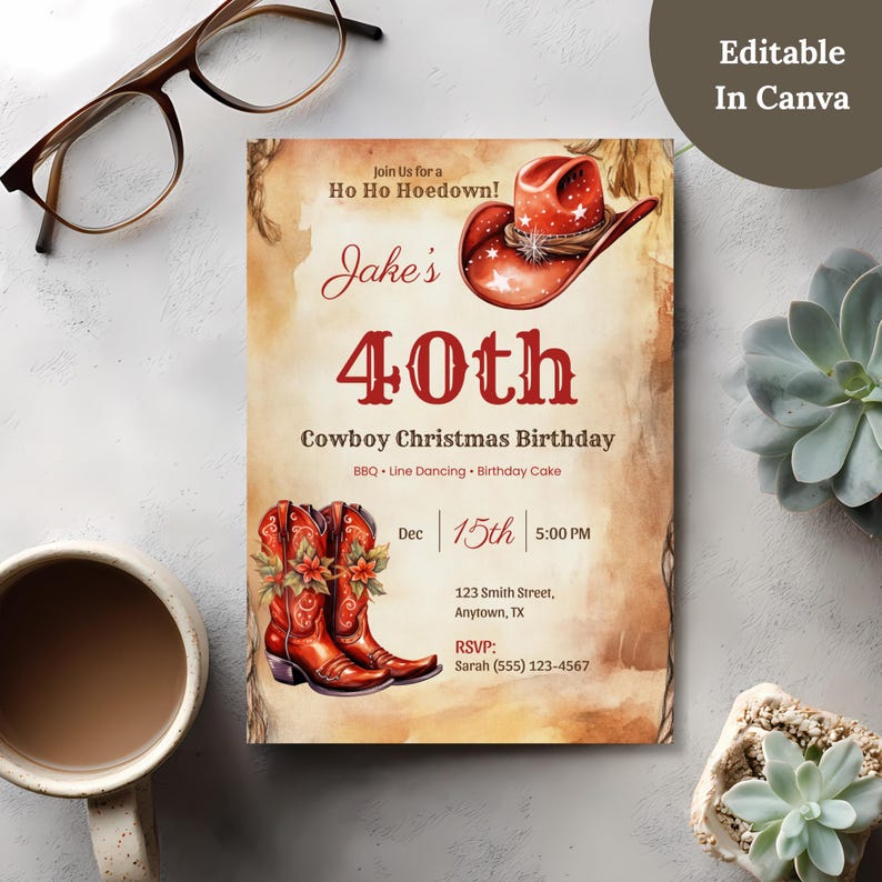 Cowboy Christmas birthday invitation with an Editable in Canva badge, showing the name, age and party details can be customized