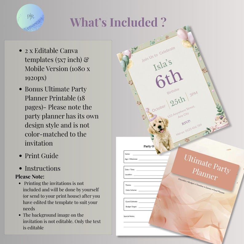 What's included graphic: editable Canva invitation, mobile version, and free 18-page party planner printable