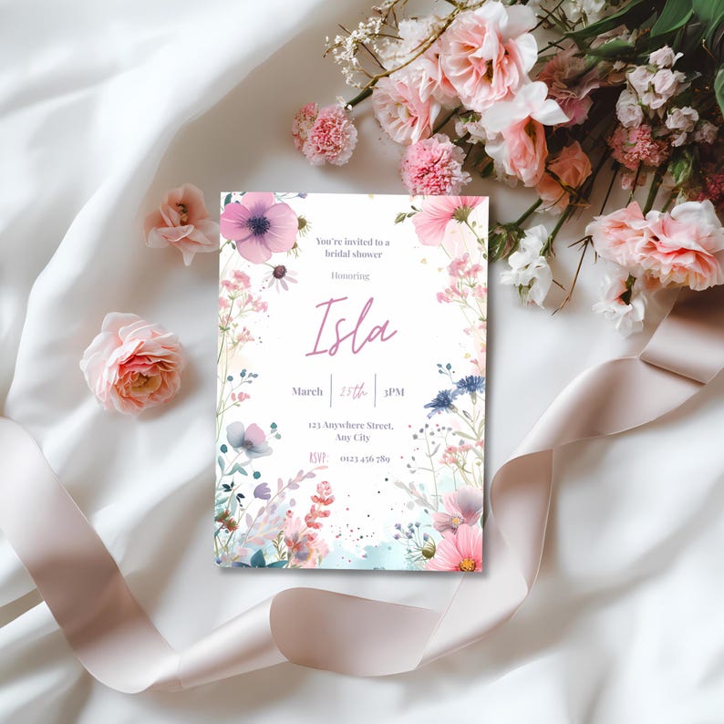 Printable bridal shower invitation with soft pink watercolor florals, styled with roses and ribbon on white silk fabric.