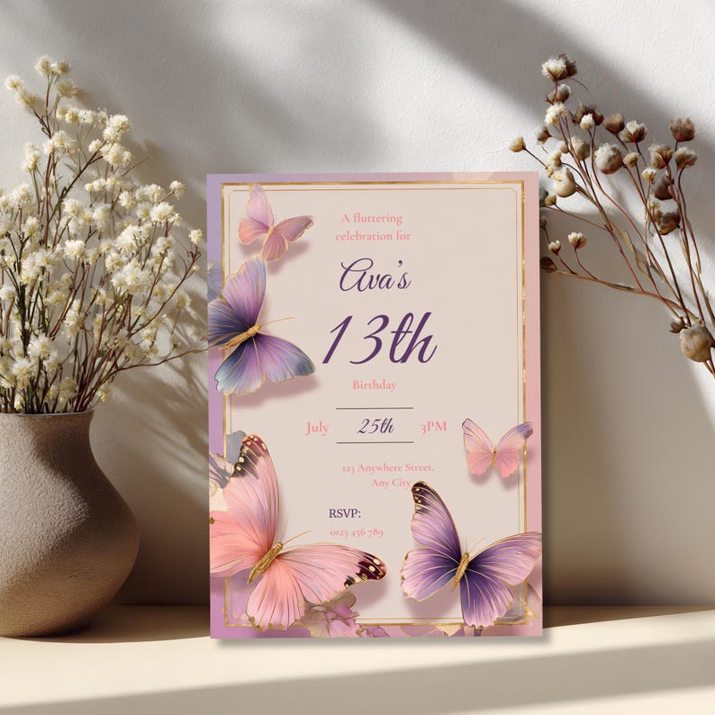 “Luxury feminine butterfly invitation in pastel colors, printable at home or professionally