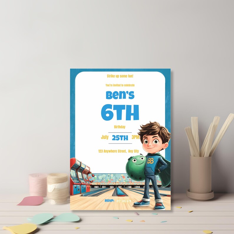 Bowling and arcade birthday invitation template for boy with superhero birthday boy character modern fun kids party invite design