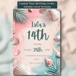 Puede incluir: Plantilla de invitación de cumpleaños para adolescentes con temática costera. La invitación presenta conchas marinas, hojas de palma y el texto "14 cumpleaños de Isla" con la fecha y la hora. Plantilla editable en Canva.