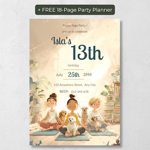 Puppy Yoga Birthday Invitation, 13th Birthday Invite Template, Editable Canva Party Invite, Teen Girl Aesthetic Printable | 2 Designs