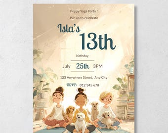 Puppy Yoga Birthday Invitation, 13th Birthday Invite Template, Editable Canva Party Invite, Teen Girl Aesthetic Printable | 2 Designs