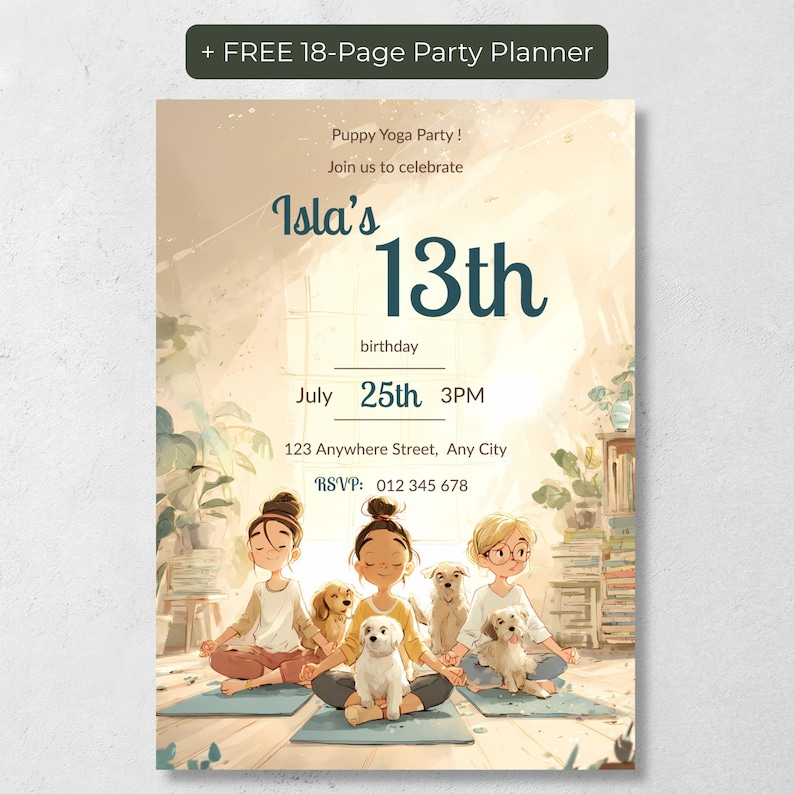 Editable puppy yoga birthday party invitation template featuring three girls meditating with puppies, customizable name and date, with free 18-page printable party planner bonus included.