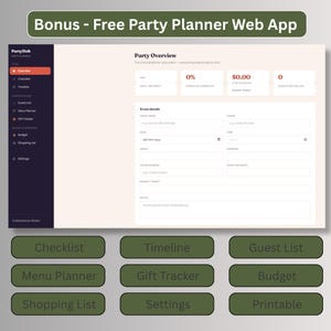 Preview of the free Party Planner Web App bonus included with the Cowboy Christmas Invitation, showing the online dashboard for guest list, budget, and timeline planning.