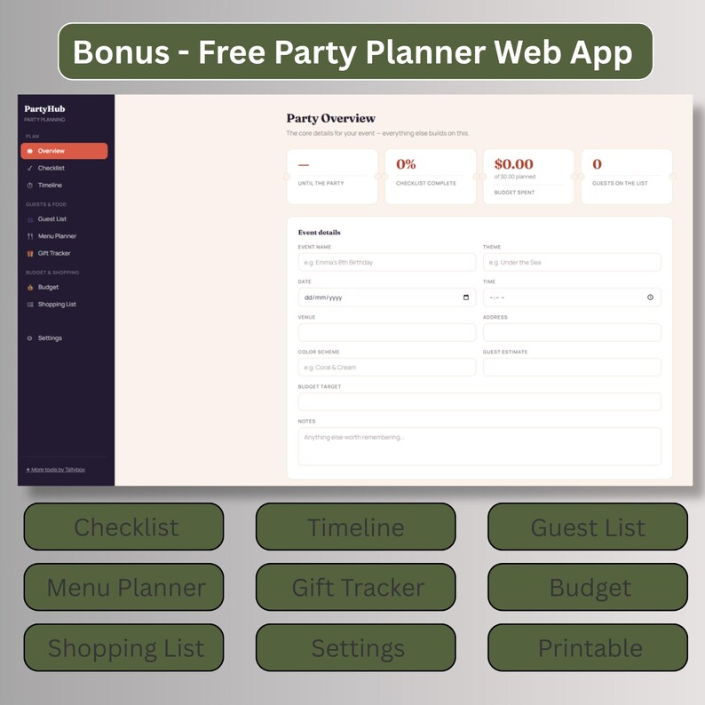 Preview of the free Party Planner Web App bonus included with the Cowboy Christmas Invitation, showing the online dashboard for guest list, budget, and timeline planning.
