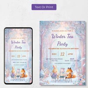 Editable winter tea party invitation shown as a 1080x1920 phone evite and a printable 5x7 card, so you can text it to guests or print it at home