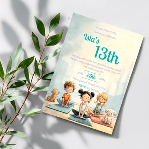 Minimalist puppy yoga birthday invitation with soft neutral tones and watercolor style illustration