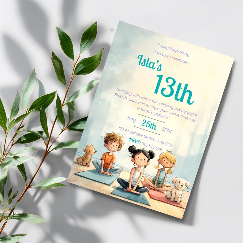 Minimalist puppy yoga birthday invitation with soft neutral tones and watercolor style illustration